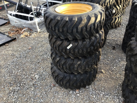 (4) NEW 10-16.5 CAT/JD/NH SKID STEER TIRES AND RIMS