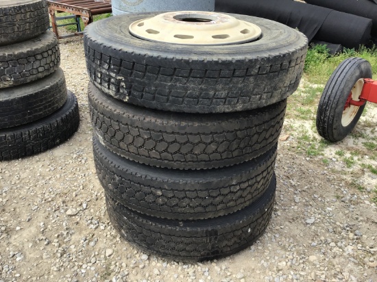(4) 11R-22.5 SEMI TIRES W/ ALUM RIMS - ALL ONE PRICE