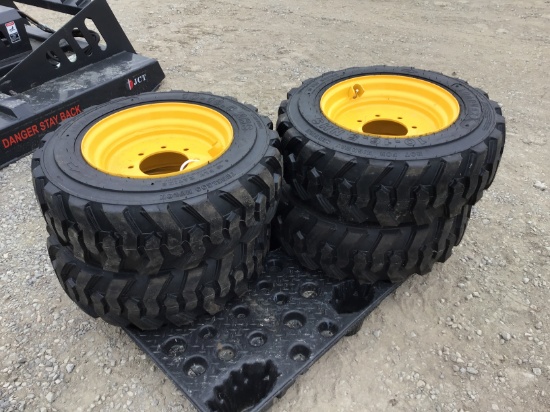 (4) 10-16.5 LOADMAXX SKID STEER TIRES ON NH/JD/CAT WHEELS - ALL ONE PRICE