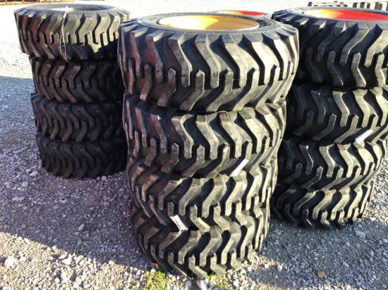 (4) NEW 12-16.5 SKID STEER TIRES AND RIMS (YELLOW) - ALL ONE PRICE
