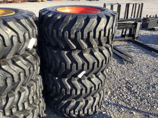 (4) NEW 12-16.5 SKID STEER TIRES AND RIMS (ORANGE) - ALL ONE PRICE