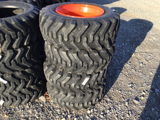 (4) NEW 10-16.5 SKID STEER TIRES AND RIMS (ORANGE) - ALL ONE PRICE