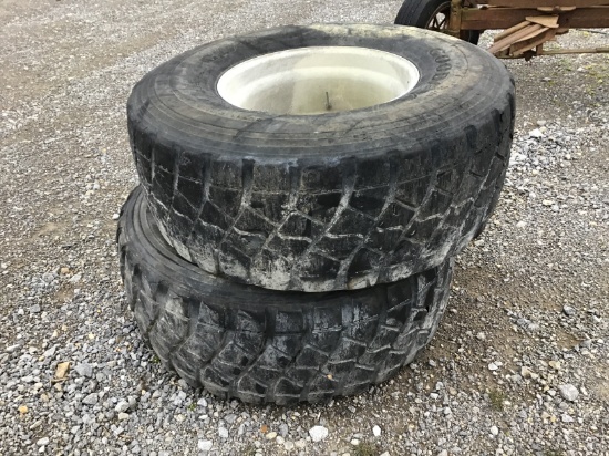 (2) 445/65-R22.5 TRUCK TIRES ON ALUMINUM RIMS