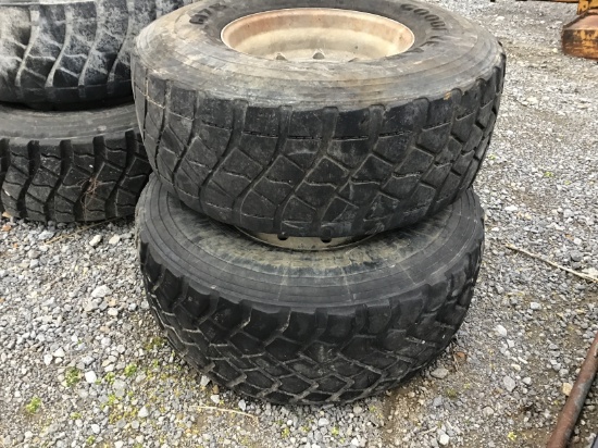 (2) 445/65-R22.5 TRUCK TIRES ON ALUMINUM RIMS