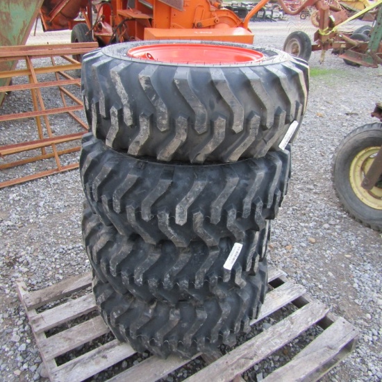 (4) NEW 10-16.5 SKID STEER TIRES AND RIMS (ORANGE) - ALL ONE PRICE