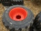 (4) NEW 12-16.5 SKID STEER TIRES ON ORANGE RIMS - ALL ONE PRICE