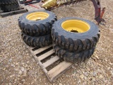 (4) NEW 10-16.5 SKID STEER TIRES ON YELLOW RIMS - ALL ONE PRICE