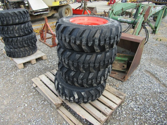 (4) NEW 10-16.5 SKID STEER TIRES ON ORANGE RIMS - ALL ONE PRICE