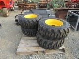 (4) NEW 12-16.5 SKID STEER TIRES ON YELLOW RIMS - ALL ONE PRICE