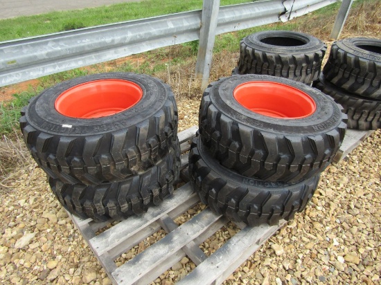 (4) NEW 12-16.5 ORANGE SKID STEER TIRES AND RIMS - ALL ONE PRICE
