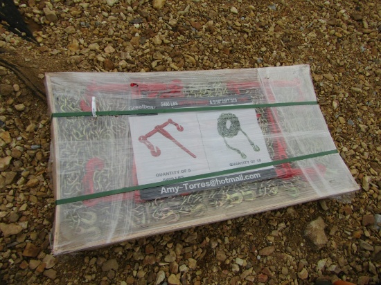 PALLET OF (10) 5/16'' 20FT G70 CHAINS & (5) RATCHET BINDERS - ALL ONE PRICE