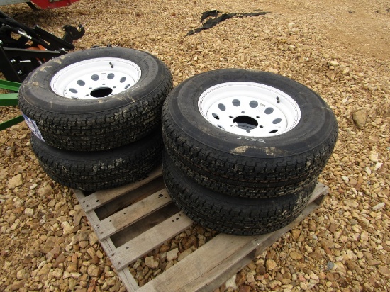 (4) NEW 225/75R15 TRAILER TIRES ON 6 LUG RIMS - ALL ONE PRICE