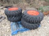 (4) NEW 10-16.5 ORANGE SKID STEER TIRES AND RIMS - ALL ONE PRICE