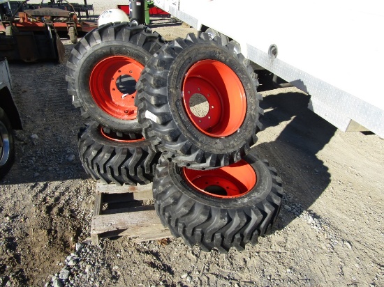 (4) NEW 12-16.5 ORANGE SKID STEER TIRES AND RIMS - ALL ONE PRICE