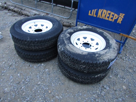 (4) NEW 235/80R16 TRAILER TIRES ON 8 LUG RIMS - ALL ONE PRICE