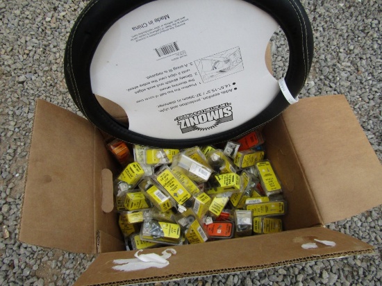 Box of Misc Screws & bolts & steering wheel cover