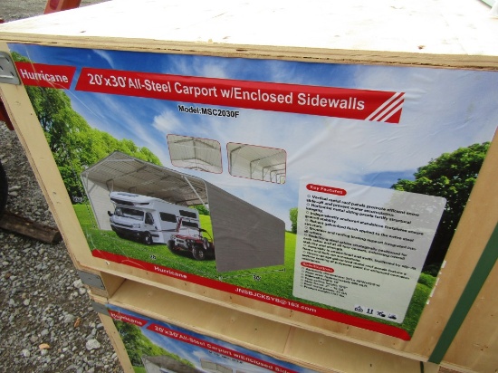 NEW 20FT X 30FT STEEL CARPORT W/ 10FT ENCLOSED SIDES
