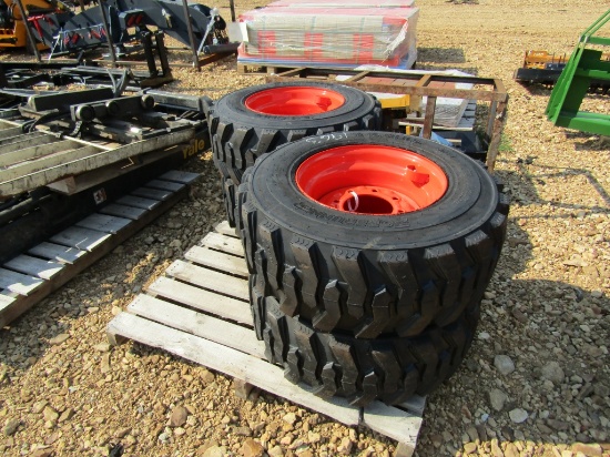 (4) NEW 12-16.5 ORANGE SKID STEER TIRES AND RIMS - ALL ONE PRICE