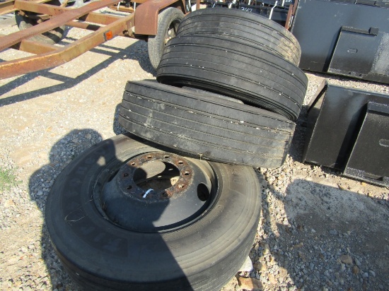 (4) 295/75R22.5 FIRESTONE 10 LUG SEMI TIRES AND RIMS - ALL ONE PRICE