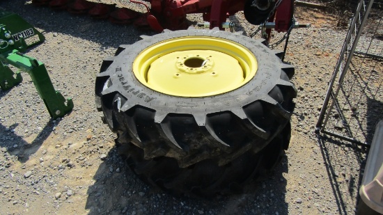 (2) NEW 11.2/24 GALAXY TRACTOR TIRES ON 6 LUGS AND 8 LUG JD RIMS - BOTH ONE PRICE