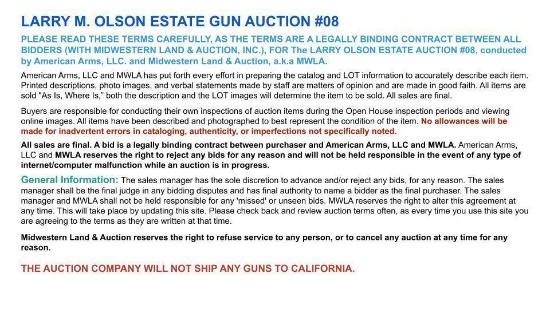 TERMS & CONDITIONS OF OLSON GUN AUCTION #8 ** DO NOT BID ON THIS LOT - INFORMATION ONLY **