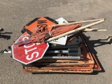 Pallet of Construction Signs, Stands