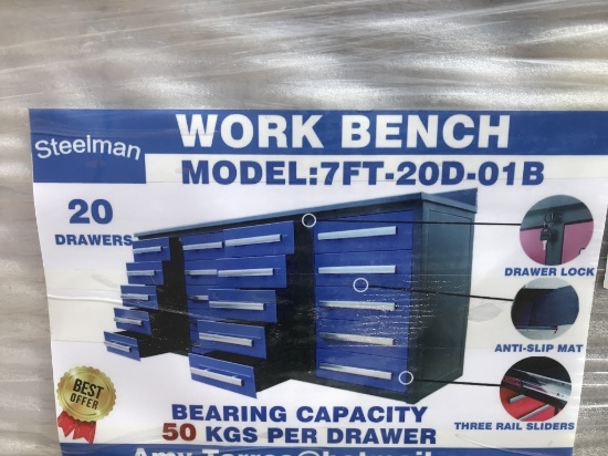 UNUSED 7FT Work Blue w/ 20 Drawers