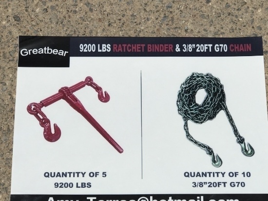 UNUSED (5)pc Ratchet Binders, (10)pc 3/8" Chains