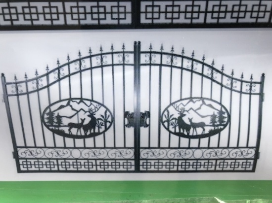 UNUSED 14FT Bi-Parting Wrought Iron Gate w/Deer