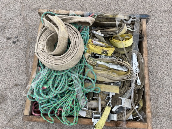 Pallet of Ratchet Straps, Ropes, Slings