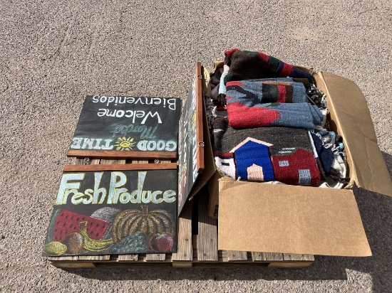 Dozens of Cotton Rugs, Hanging Blackboard Signs