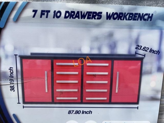 UNUSED 7FT Red Work Bench w/ 10 Drawers,2 Cabinets