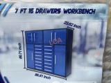 UNUSED 7FT Blue Work Bench w/16 Drawers,4 Cabinets