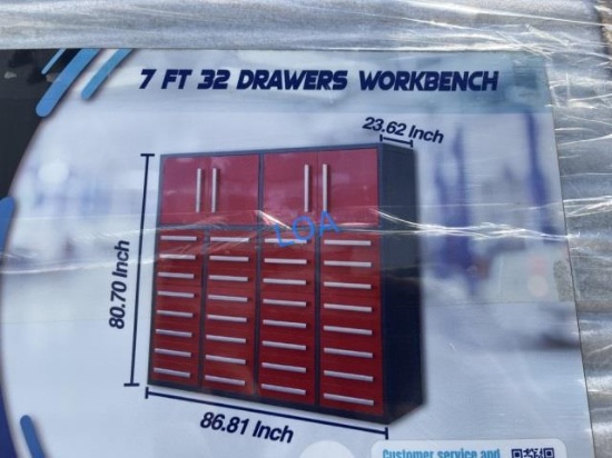 2026 7FT Work Bench w/32 Drawers & 4 Cabinets -RED