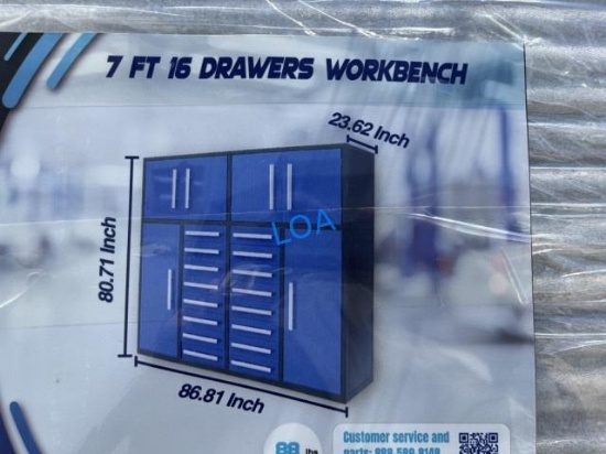 2026 7FT Work Bench w/16 Drawers & 6 Cabinets-BLUE