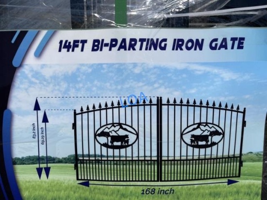 UNUSED 14FT Bi-Parting Iron Gate Pair w/ Cows