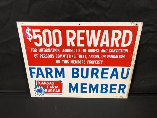 Kansas Farm Bureau $500 Reward Painted Metal Sign