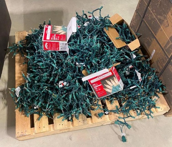PALLET OF CHRISTMAS LIGHTS AND DECORATIONS --- ONLY USED ONCE FOR A WEDDING