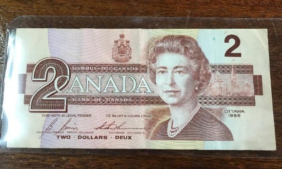 1 CANADIAN OTTAWA 1986 TWO DOLLAR BILL