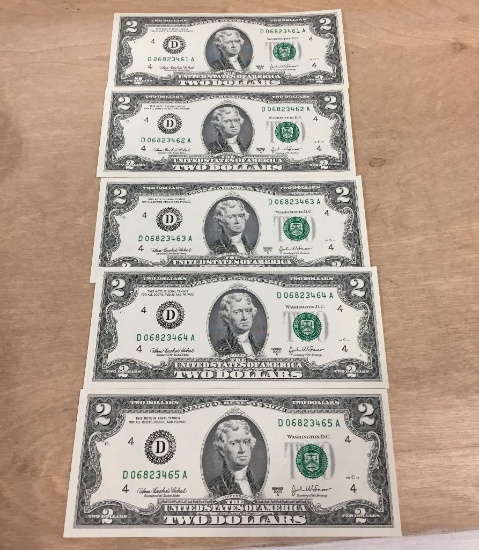 5 OF 2003 US $2 BILLS IN SEQUENTIAL ORDER