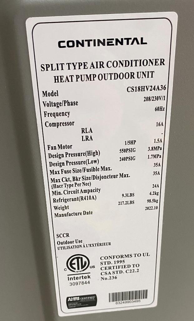 CONTINENTAL SPLIT-TYPE AIR CONDITIONER HEAT PUMP, | Proxibid