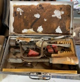OLD TOOL BOX WITH ASSORTED USED TOOLS
