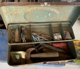 OLD TOOL BOX WITH ASSORTED TOOLS