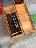 OLD WOODEN TOOL BOX WITH ASSORTED USED TOOLS