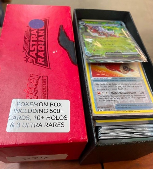 POKEMON BOX INCLUDING 500+ CARDS, 10+ HOLOS, AND 3 ULTRA RARES