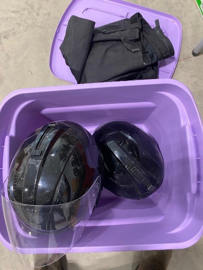 2 LARGE BIKER HELMETS AND BIKER PANTS