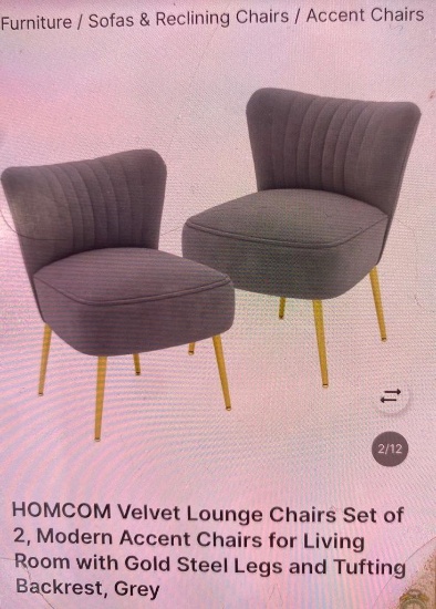 2 GREY VELVET LOUNGE CHAIRS