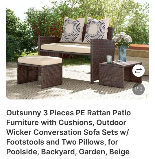 3PC RATTAN PATIO FURNITURE WITH CUSHIONS