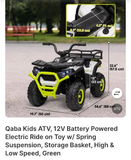 QABA KIDS ATV 12V BATTERY POWERED ELECTRIC TOY