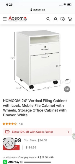 24IN VERTICAL FILING CABINET -WHITE